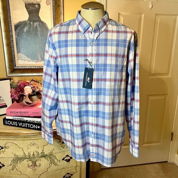 NWT Men's Vineyard Vines Slim Fit Murray Shirt Blue White Red Plaid Size XL - Picture 1 of 3